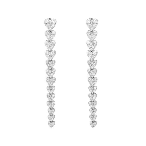Round Cut Diamond Multiple Love Heart Long Drop Earrings 18K White Gold 4.09Cttw - Picture 2 of 5